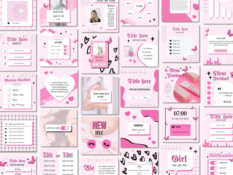 May include: A collection of pink and black social media templates with various designs. The templates feature butterflies, hearts, stars, and text. Some templates include checkboxes, text boxes, and a clock. The text on the templates includes "Title Here", "Benefits", "New Product", "Client Feedback", "Girl you got this", and "Notifications".