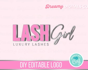 May include: Pink and silver logo design for a business called "Lash Girl" with the tagline "Luxury Lashes". The logo is a DIY editable design. The logo is on a pink background with the text "Dreamy Digitals Co" in the top right corner.