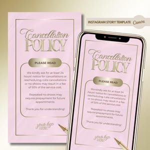 Könnte beinhalten: Rosa und goldene Instagram-Story-Vorlage mit dem Text "Stornierungsbedingungen" und Anweisungen für verspätete Stornierungen und Nichterscheinen. Der Text lautet: "Wir bitten um mindestens 24 Stunden Vorlaufzeit für Stornierungen oder Verschiebungen. Späte Stornierungen oder Nichterscheinen können zu einer Gebühr von 50 % der Servicekosten führen. Wiederholte Nichterscheinen können eine Vorauszahlung für zukünftige Termine erfordern. Vielen Dank für Ihr Verständnis!"