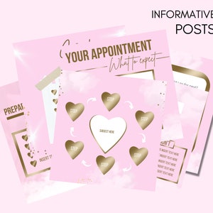 May include: Pink and gold graphic with the text "Your Appointment - What to expect" and a flowchart with steps to follow. The flowchart is in the shape of hearts.