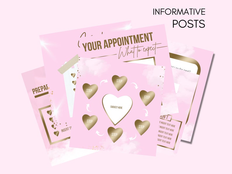 May include: Pink and gold graphic with the text "Your Appointment - What to expect" and a flowchart with steps to follow. The flowchart is in the shape of hearts.