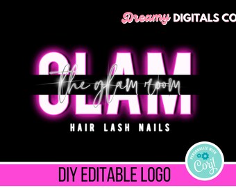 Gör-det-själv neonrosa skönhetslogotyp, butikslogotyp, glöd, glamour, fransteknik, nagelteknik, hårsalong, funky logotypdesign, skönhetsmärkesbyggande kit, flickig logotyp