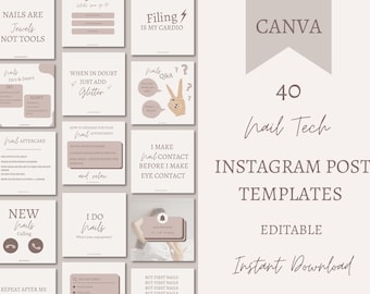 Puede incluir: Un conjunto de 40 plantillas de publicación de Instagram editables para técnicos de uñas. Las plantillas son de estilo minimalista con un fondo marrón claro y texto blanco. El texto incluye frases como "Las uñas son joyas, no herramientas", "En caso de duda, simplemente agrega brillo" y "Hago contacto con las uñas antes de hacer contacto visual".