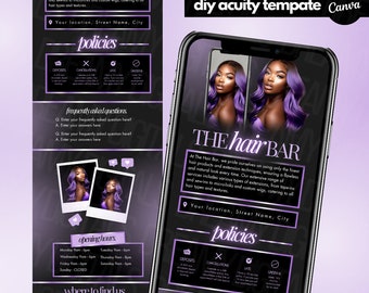 May include: A purple and black digital marketing template for a hair salon called "The Hair Bar". The template includes a photo of a woman with long purple hair, a section for frequently asked questions, a section for policies, a section for opening hours, and a section for where to find the salon.