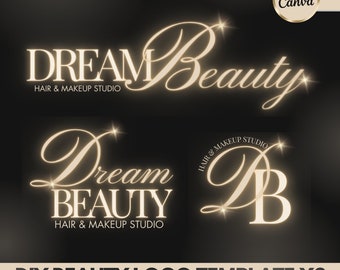 May include: Three different logo templates for a hair and makeup studio. The first logo features the text "DREAM Beauty" with a sparkling effect. The second logo features the text "Dream BEAUTY" with a sparkling effect. The third logo features the letters "DB" with a sparkling effect. All logos include the text "HAIR & MAKEUP STUDIO".
