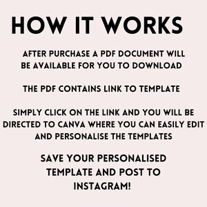 May include: A text-based infographic explaining how to use a digital template. After purchase, a PDF document with a link to a Canva template will be available for download. The user can click on the link to edit and personalize the template in Canva, then save and post to Instagram.