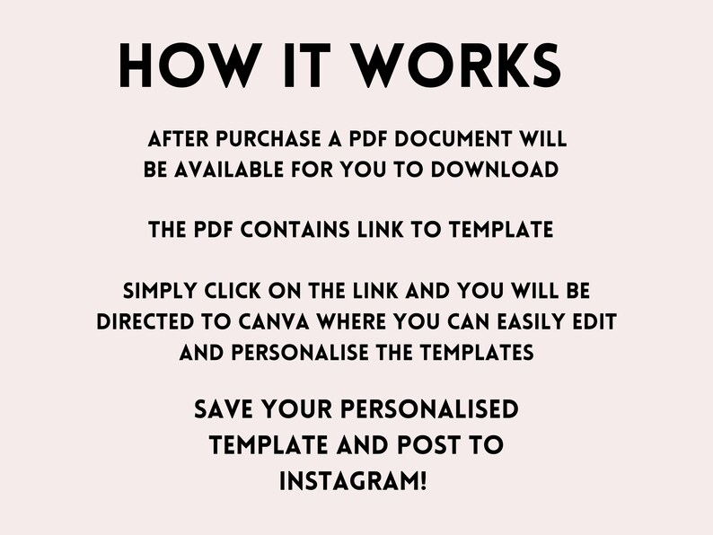 May include: A text-based infographic explaining how to use a digital template. After purchase, a PDF document with a link to a Canva template will be available for download. The user can click on the link to edit and personalize the template in Canva, then save and post to Instagram.