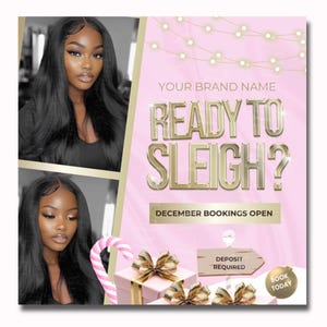 Folleto de reservas de diciembre, plantilla para el cabello, extensiones de cabello, peluquería, trenzadora, peluca, plantilla Canva, oro, ofertas de paquetes de cabello, tecnología de pestañas
