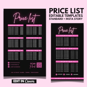 Lista de preços DIY, lista de preços editáveis Neon Pink, lista de preços de beleza, Lash Tech, Estética, Cabeleireiro, Nail Tech, Cartões de visita, Instagram