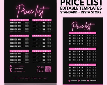 DIY Price List , Neon Pink Editable Price list, Beauty Price List, Lash Tech, Aesthetics, Hair Salon, Nail Tech, Business Cards, Instagram