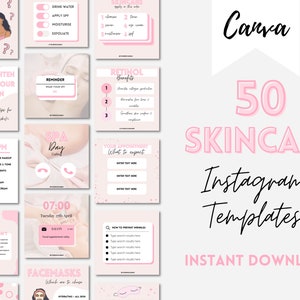 May include: A pink and white graphic design template for Instagram featuring the text "50 Skincare Instagram Templates" and "Instant Download". The design includes a variety of images and text related to skincare, such as a woman's face, a bottle of lotion, and a spa day.