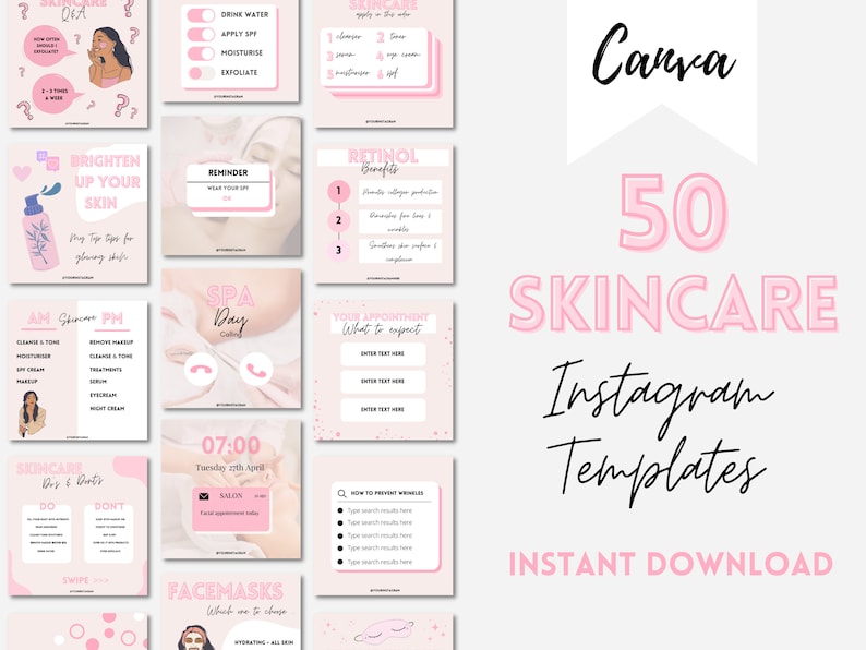 May include: A pink and white graphic design template for Instagram featuring the text "50 Skincare Instagram Templates" and "Instant Download". The design includes a variety of images and text related to skincare, such as a woman's face, a bottle of lotion, and a spa day.