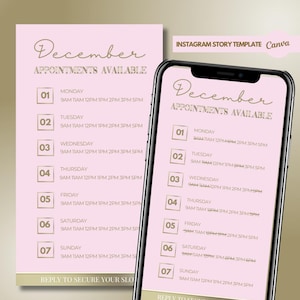 May include: A pink and gold Instagram story template for December appointments. The template features a calendar with the days of the week and time slots for appointments. The text "December Appointments Available" is written in a cursive font.
