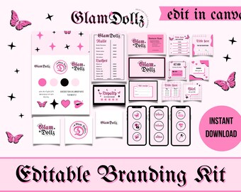 May include: Editable branding kit for a business called Glam Dollz. The kit includes logos, social media templates, and other graphics in pink and black with a girly aesthetic. The text "edit in canva" is included in the image.