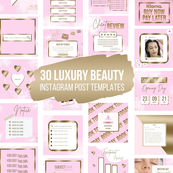 Beauty Instagram Post Templates, Pink & Gold Luxury Posts, Lash Flyers, Nail Tech, Girly, Social Media, Aesthetic, Canva, Fashion