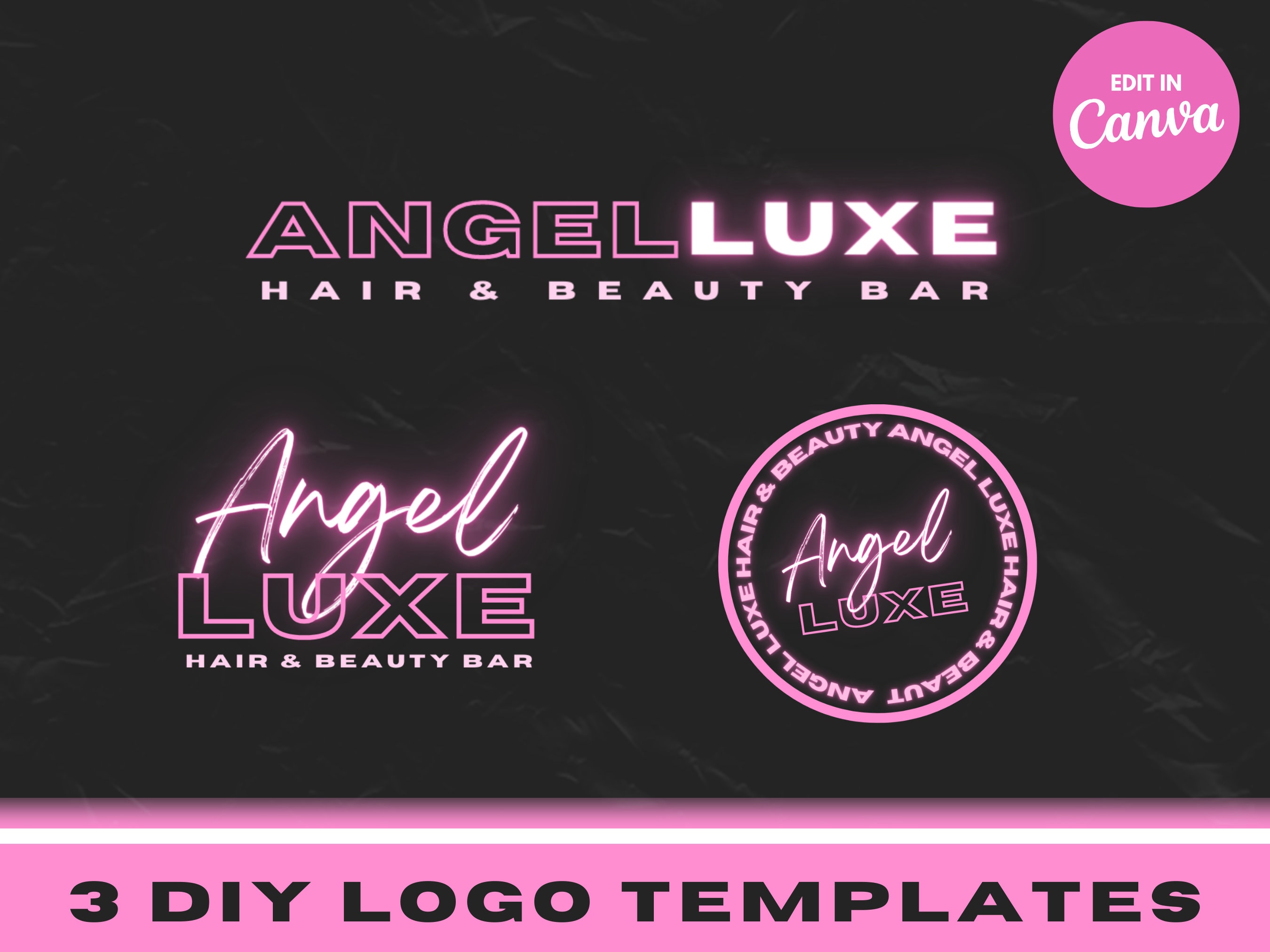 Pink Beauty Logo, DIY Canva Logo Set, Neon Pink, Hair Branding, Lash Tech, Nail Tech, Aesthetics, Boutique Branding Kit, Hair Extensions
