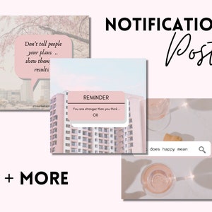 Op de afbeelding: Drie roze en witte esthetische social media berichten met motiverende citaten. De eerste post zegt "Vertel mensen niet over je plannen, laat ze de resultaten zien". De tweede post zegt "Herinnering: Je bent sterker dan je denkt...OK". De derde post heeft een glas wijn en een zoekbalk die zegt "does happy mean".