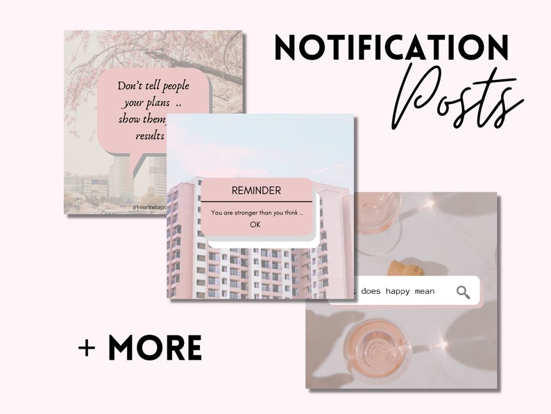 Op de afbeelding: Drie roze en witte esthetische social media berichten met motiverende citaten. De eerste post zegt "Vertel mensen niet over je plannen, laat ze de resultaten zien". De tweede post zegt "Herinnering: Je bent sterker dan je denkt...OK". De derde post heeft een glas wijn en een zoekbalk die zegt "does happy mean".
