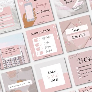 Op de afbeelding: Een verzameling roze en witte Instagram-story-sjablonen met tekst die "Every Wednesday", "Sale 50% Off", "It's OK", "Reminder", "Notifications" en "Your Appointment" bevat.