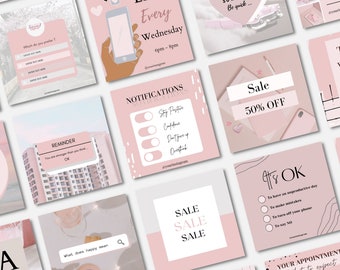 Puede incluir: Una colección de plantillas de historias de Instagram en rosa y blanco con texto que incluye "Every Wednesday", "Sale 50% Off", "It's OK", "Reminder", "Notifications", y "Your Appointment".