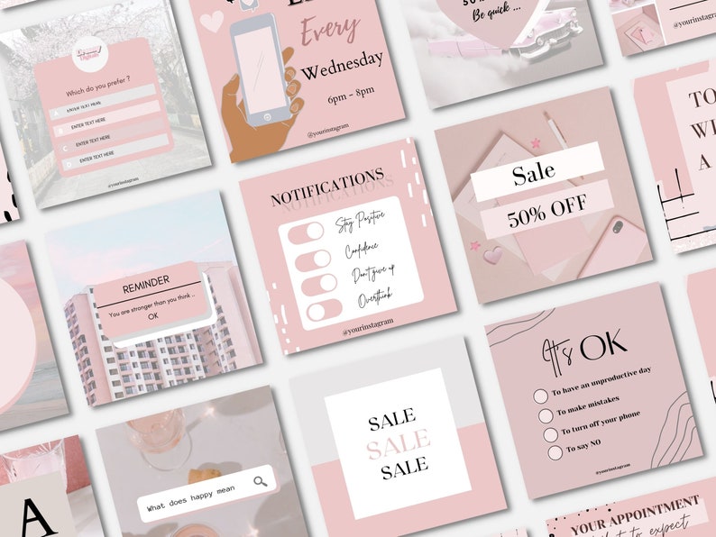 Op de afbeelding: Een verzameling roze en witte Instagram-story-sjablonen met tekst die "Every Wednesday", "Sale 50% Off", "It's OK", "Reminder", "Notifications" en "Your Appointment" bevat.
