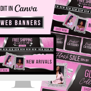 DIY Web Banner, Boutique Website Banners, Beauty Web Banner Template, Shopify, Wordpress, Wix, Lash Brand, Hair Brand, Pink, Glam, Neon