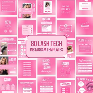 Peut inclure: Un ensemble de 80 modèles Instagram roses et blancs conçus pour les techniciennes en extensions de cils. Les modèles présentent une variété de designs, y compris du texte, des images et des icônes. Certains modèles incluent des phrases telles que "Nouvelles cils", "Lancement bientôt", "Réservez aujourd'hui", "Siestes gratuites", "Mascara", "Avis des clients", "Soins après les cils", "FAQ sur les cils", "Volume hybride classique", "Ce qu'il faut faire et ne pas faire pour les cils", "Notifications" et "Votre rendez-vous".