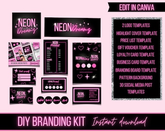 Puede incluir: Un kit de branding DIY con un tema negro y rosa. El kit incluye plantillas de logotipos, publicaciones en redes sociales, listas de precios y plantillas de tarjetas de visita. El texto "NEON Dreamz" está presente, junto con "EDIT IN CANVA" y "Instant download".
