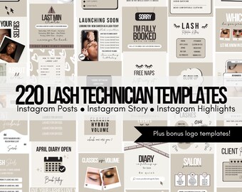 May include: A collage of 220 Instagram post, story, and highlight templates for lash technicians. The templates feature a variety of designs, including text, graphics, and photos. The templates are designed to help lash technicians promote their business and connect with their clients.