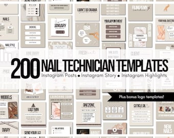 Nail Technician Instagram Posts, Instagram Template, Highlight Covers, Nail Tech, Logo Template, Manicure, Salon, Branding Kit, Social Media