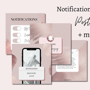 May include: A pink and white graphic design template for social media posts. The template features a notification bell icon, the text "Notification Posts + more", and a sale announcement with the text "SALE IS ON 40% off".