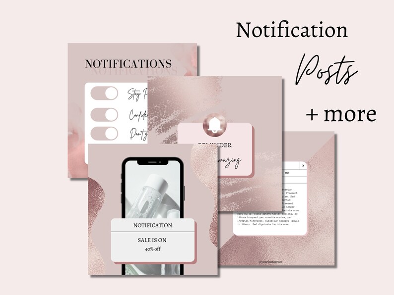 May include: A pink and white graphic design template for social media posts. The template features a notification bell icon, the text "Notification Posts + more", and a sale announcement with the text "SALE IS ON 40% off".