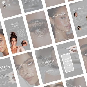 Puede incluir: Una colecci&oacute;n de materiales de marketing digital para un servicio de extensiones de pesta&ntilde;as, con im&aacute;genes de mujeres con extensiones de pesta&ntilde;as. Los materiales incluyen texto como "Resultados naturales", "Servicios de pesta&ntilde;as" y "Nuevas pesta&ntilde;as". La combinaci&oacute;n de colores es principalmente gris y blanco.
