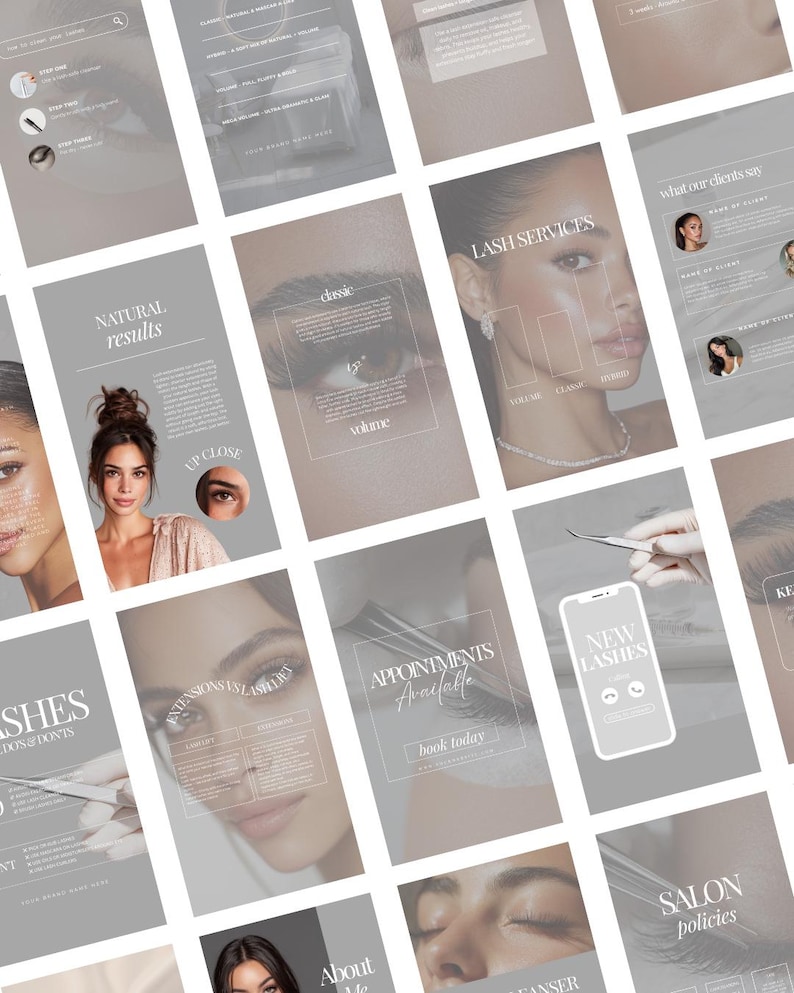 Puede incluir: Una colecci&oacute;n de materiales de marketing digital para un servicio de extensiones de pesta&ntilde;as, con im&aacute;genes de mujeres con extensiones de pesta&ntilde;as. Los materiales incluyen texto como "Resultados naturales", "Servicios de pesta&ntilde;as" y "Nuevas pesta&ntilde;as". La combinaci&oacute;n de colores es principalmente gris y blanco.