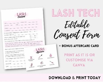 Puede incluir: Formulario de consentimiento para técnico de pestañas editable con un diseño rosa y blanco. El formulario incluye una sección para la información del cliente, una lista de verificación de preguntas y una línea de firma. El formulario también incluye una tarjeta de cuidado posterior de bonificación con instrucciones para el cuidado de las pestañas.