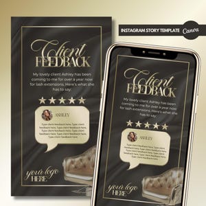 Könnte beinhalten: Schwarze und goldene Instagram-Story-Vorlage mit dem Text "Client Feedback" und einer Fünf-Sterne-Bewertung. Die Vorlage zeigt ein Foto eines Kunden mit einer Sprechblase, die ein Testimonial enthält. Die Vorlage enthält auch einen goldenen Stuhl und den Text "Ihr Logo hier".