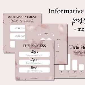 May include: Three pink and white graphic templates for social media posts. The first template says "Your Appointment What to expect" and has three blank boxes for text. The second template says "The Process" and has three steps with blank boxes for text. The third template says "Title Here Subtitle Here" and has four blank boxes for text.