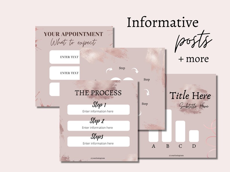 May include: Three pink and white graphic templates for social media posts. The first template says "Your Appointment What to expect" and has three blank boxes for text. The second template says "The Process" and has three steps with blank boxes for text. The third template says "Title Here Subtitle Here" and has four blank boxes for text.