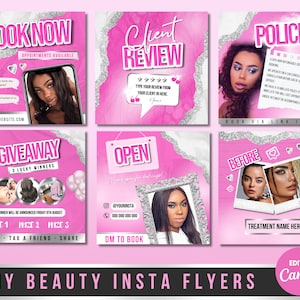 May include: Six pink and white Instagram story templates for a beauty salon or spa. The templates feature text such as "Book Now", "Client Review", "Policies", "Giveaway", "Open", and "Before & After".