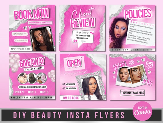 Beauty Instagram Post Templates, Pink & Gold Luxury Posts, Lash Flyers, Nail Tech, Girly, Social Media, Aesthetic, Canva, Fashion