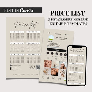 Modelo de lista de preços, design de cartão de visita de beleza, história do Instagram, código QR, Lash Tech, Nail Tech, cabeleireiro, estética, mídias sociais