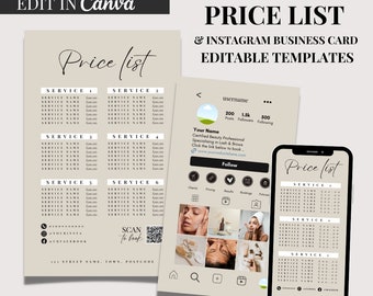 Price List Template, Beauty Business Card Design, Instagram Story, QR code, Lash Tech, Nail Tech, Hair Stylist, Aesthetics, Social Media