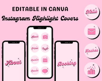 Beauty Highlight Covers Instagram, Pink Highlight Icons, DIY Canva, Lash Tech, Nail Tech, Salon, Instagram Story, Branding Kit, Social Media