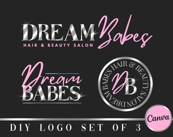 Pink Beauty Logo, DIY Pink Logo Set, Metallic Silver, Hair Branding, Lash Tech, Nail Tech, Aesthetics, Pink Branding Kit, Hair Extensions