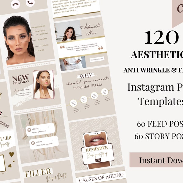 Anti Wrinkle and Filler Instagram Post Templates, Neutral & Modern Luxury, Editable, Aesthetics Nurse, Injector, Cosmetic, Salon, Beauty