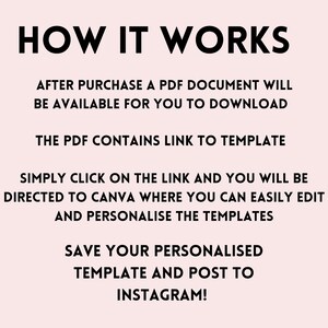 Op de afbeelding: Zwarte tekst op een roze achtergrond legt uit hoe je een digitaal sjabloon gebruikt. De tekst luidt "HOW IT WORKS", "AFTER PURCHASE A PDF DOCUMENT WILL BE AVAILABLE FOR YOU TO DOWNLOAD", "THE PDF CONTAINS LINK TO TEMPLATE", "SIMPLY CLICK ON THE LINK AND YOU WILL BE DIRECTED TO CANVA WHERE YOU CAN EASILY EDIT AND PERSONALISE THE TEMPLATES", "SAVE YOUR PERSONALISED TEMPLATE AND POST TO INSTAGRAM!"