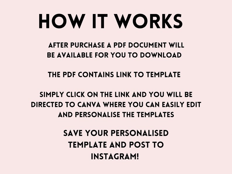 Op de afbeelding: Zwarte tekst op een roze achtergrond legt uit hoe je een digitaal sjabloon gebruikt. De tekst luidt "HOW IT WORKS", "AFTER PURCHASE A PDF DOCUMENT WILL BE AVAILABLE FOR YOU TO DOWNLOAD", "THE PDF CONTAINS LINK TO TEMPLATE", "SIMPLY CLICK ON THE LINK AND YOU WILL BE DIRECTED TO CANVA WHERE YOU CAN EASILY EDIT AND PERSONALISE THE TEMPLATES", "SAVE YOUR PERSONALISED TEMPLATE AND POST TO INSTAGRAM!"