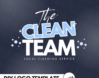May include: A DIY logo template for a cleaning service called "The Clean Team". The logo features the text in a bold, white font with a blue outline. The text is surrounded by small blue circles and stars.