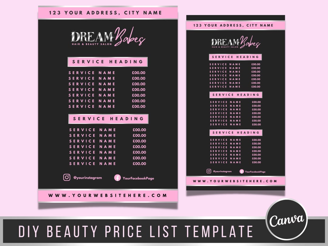Price List Template Beauty, Silver Pink Editable Price List, Digital