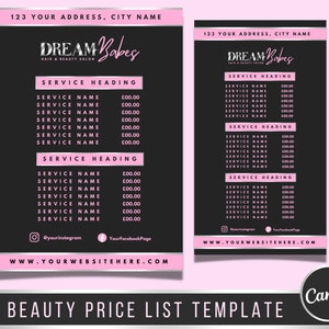 Price List Template Beauty, Silver Pink Editable Price list, Digital Download Price list Canva, Lash Tech, Aesthetics, Hair Salon, Nail Tech